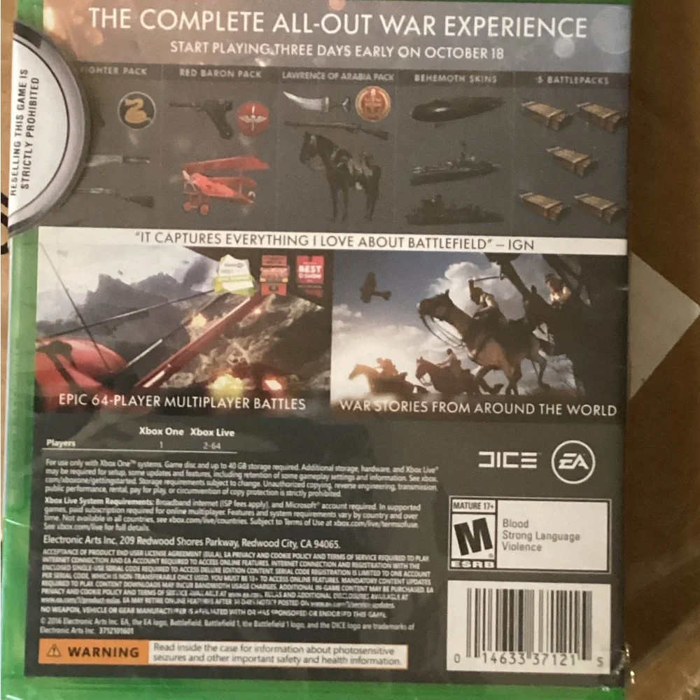 Xbox One Battlefield 1 New Factory Sealed